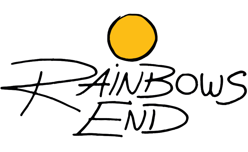 Schwarzer Schriftzug "RAINBOWS END" mit gelbem Kreis darüber auf weißem Hintergrund.