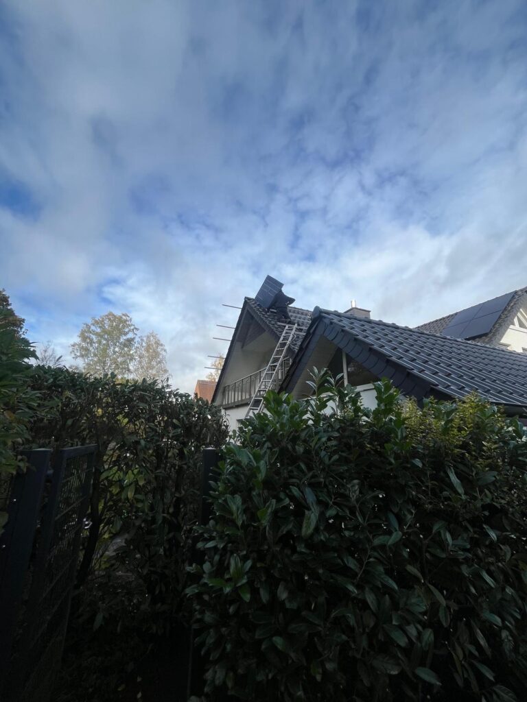 Hausdach mit Solarpanelen, Leiter lehnt daran, umgeben von dichten Büschen.