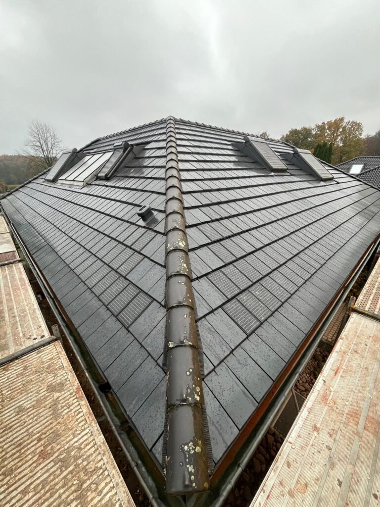 Spitzdach mit schwarzen Dachziegeln, zwei Dachfenster, bewölkter Himmel, mit feuchtem Laub bedeckte Baugerüste seitlich.